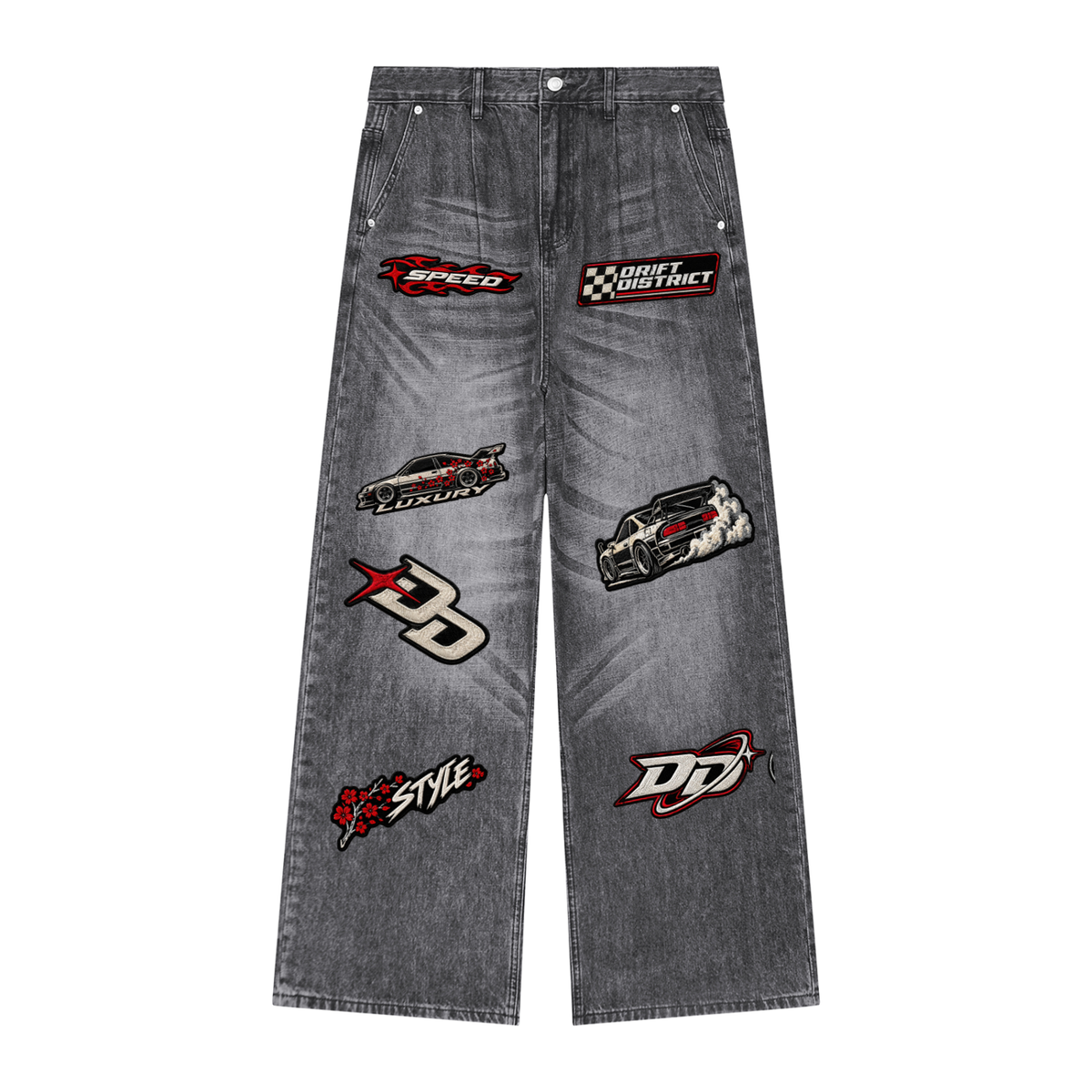 Vintage Wash Patched Jeans
