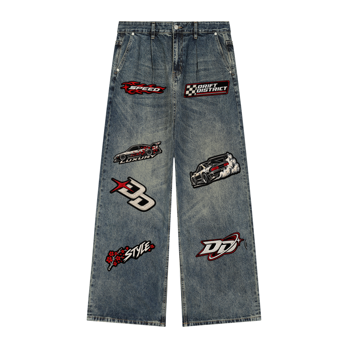 Vintage Wash Patched Jeans